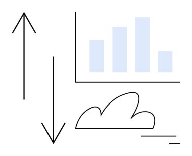 Dikey ok, aşağı ok, çizgi çizelgesi ve büyümeyi, düşüşü, eğilimleri ve stratejiyi gösteren bulut çizelgesi. Ticari yenilik için ideal, analitik strateji finansman planlama başarısı sade iniş