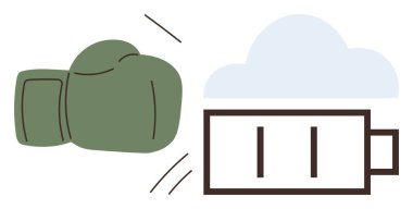 Bulutlu bir ikonun altında neredeyse boş bir aküye vuran yeşil boks eldiveni. Temalar için ideal enerji, mücadele, teknoloji, tükenme, motivasyon, çatışma, güç. Basit bir düz metafor.