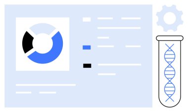 Renk kodlu segmentleri olan pasta grafiği, test tüpündeki DNA ipliği, veri metinleri, vites ögesi. Bilim, genetik, araştırma, analitik, biyoteknoloji veri görselleştirme temaları için idealdir