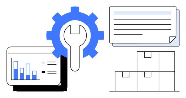 İngiliz anahtarı, analitik torpido gözü, istiflenmiş belgeler ve kutular. Lojistik, envanter, iş akışı, veri optimizasyon verimliliği planlaması için ideal. Verimli tedarik zinciri akışını temsil eder