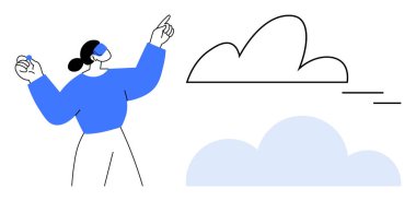 Soyut bulut formlarına doğru hareket eden kadın fikirleri, hayal gücünü, yeniliği ve yaratıcılığı sembolize ediyor. Beyin fırtınası, bulut hesaplama, fikir üretimi, teknoloji vizyonu minimalizmi için ideal