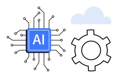 Devrelere, bulutlara ve vites simgesine bağlı yapay zeka çipi bağlantıyı, makine öğrenmesini ve otomasyonu sembolize ediyor. Yapay zeka geliştirme, teknoloji kavramları, veri entegrasyonu, yenilikçi dijital çözümler için ideal