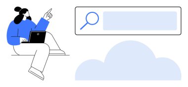 Bilgisayarı kullanan kişi el hareketi, arama çubuğu ve bulut grafiği kullanıyor. Teknoloji, bulut hesaplama, arama motoru, veri depolama, yenilik, web tasarımı, basit iniş sayfası için ideal