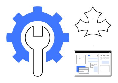 Geliştirmeyi temsil eden ingiliz anahtarı, doğayı sembolize eden akçaağaç yaprağı ve UIUX tasarımı temalı bir tarayıcı penceresi. Geliştirme, ekoloji, teknoloji, mühendislik, doğa, sürdürülebilirlik için ideal