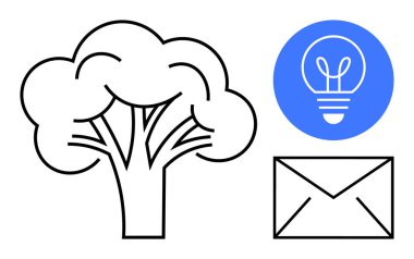 Kalın çizgileri olan ağaç, fikirleri temsil eden ampullü mavi daire ve iletişimi sembolize eden zarf simgesi. Sürdürülebilirlik, yenilik, eko-ticaret, e-posta pazarlama, doğa için ideal