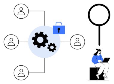 Ağ yapısı insanları vites ve güvenlik kilidine bağlıyor, büyüteçle. Kadın laptoptaki verileri değerlendiriyor. Takım çalışması, süreç, güvenlik, analiz, veri paylaşımı için ideal