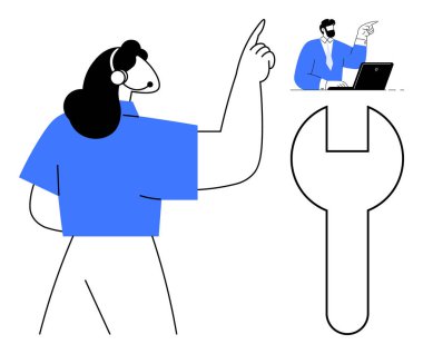 Dizüstü bilgisayar ve İngiliz anahtarı tasarımının yanında fikre ya da çözüme doğru hareket eden bir kadın. Takım çalışması, liderlik, beyin fırtınası, çevrimiçi işbirliği, problem çözme, yenilik, uzaktan kumanda