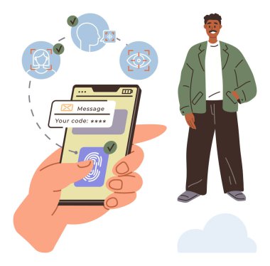 Biyometrik, parmak izi ve kod girişi olan akıllı telefonlar. Noktalı bağlantılar bir adamı ve güvenlik simgelerini birbirine bağlar. Siber güvenlik, kimlik doğrulama, mahremiyet, güvenli giriş için ideal