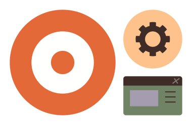 Turuncu hedef, çark ve web arayüzü ikonu. Üretkenlik, hedef belirleme, proje yönetimi, iş akışı, iş stratejisi, otomasyon ve basit düz bir metafor için ideal