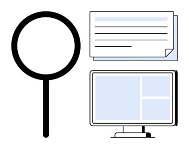 Belgelerin yanında büyüteç ve bilgisayar ekranı. Araştırma, analiz, veri incelemesi, işletme, eğitim, organizasyon, arama için ideal, basit düz metafor