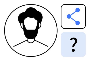 Çemberde baş ve omuz avatarı, ağ düğümü sembolü ve kare şeklinde soru işareti. Kullanıcı arayüzü, kimlik, paylaşım, işbirliği, soruşturma, profil ve basit bir iniş sayfası için ideal