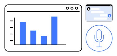 Tarayıcı penceresinde çubuk çizelgesi, sohbet arayüzü, mikrofon simgesi. Analiz, iletişim araçları, kullanıcı arayüzü, veri takibi, takım çalışması, sunumlar için ideal basit iniş sayfası