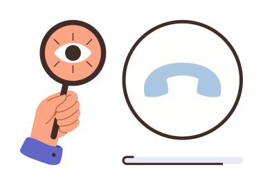 Göz ile el ele tutuşan büyüteç, içinde retro telefon ahizesi olan dairesel çerçeve. İletişim, gözlem, teknoloji, müşteri hizmetleri, analitik, ağ, araştırma için ideal