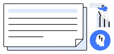 Çizgileri olan büyük bir belge, arama aracı kullanan bir adamla yükselen bir bar çizelgesi ve ok saplı bir kafa. Yenilik, verimlilik, büyüme, analiz, stratejik ilerleme iletişimi için idealdir. Basit düz