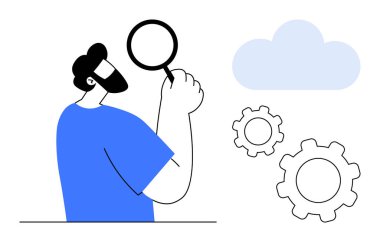 Elinde büyüteç olan bir adam, bir şeyi yakından inceliyor. Bulut ve dişliler teknoloji, problem çözme ve yenilik öneriyor. Analiz, teknoloji, çözümler, araştırma beyin fırtınası için ideal.