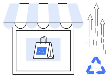 Geri dönüşüm amblemi çizgili tentenin altında yukarı doğru ok ve geri dönüşüm işaretiyle çevrili tekrar kullanılabilir eko-çanta. Sürdürülebilirlik, eko-ticaret, yeşil pazarlama, büyüme, çevre, perakende, basit
