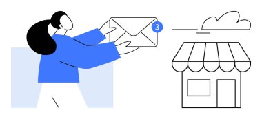 Elinde bir e-posta zarfıyla bir mağazaya doğru giden bir kadın figürü. E-posta, iletişim, çevrimiçi hizmetler, küçük işletme, pazarlama, bağlantı takım çalışması için ideal. Basit.