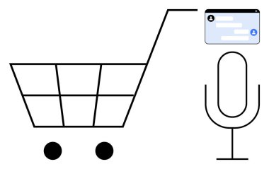 Alışveriş arabası, ses girişi için mikrofon ve sohbet kutusu arayüzü ses destekli online alışveriş önerisi. Perakende, teknoloji, ses araması, yapay zeka, e-ticaret, yenilik için ideal basit iniş sayfası