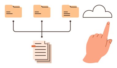 Belgelere ve bulut depolarına bağlı ağ dizinleri. Veri organizasyonu, bulut hesaplama, dijital iş akışı, çevrimiçi depolama, uzaktan erişim, teknoloji için ideal
