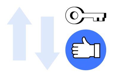 Yukarı ve aşağı oklar, siyah-beyaz bir anahtar ve mavi bir dairede baş parmak işareti. İlerleme, yön, onay, karar verme, başarı, rehberlik için ideal basit iniş sayfası