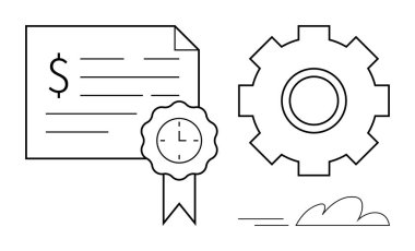 Dolar işareti, kurdele mührü, saat ayrıntısı ve mekanik teçhizatlı mali belge. Sertifika, finans, üretkenlik, otomasyon, sistem iyileştirme süreci yönetimi için ideal basit düz