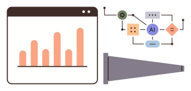 Web arayüzü içindeki çubuk grafik, yapay zeka algoritması diyagramı ve veri analizini gösteren huni. Veri işleme, analitik, yapay zeka, otomasyon, yenilik, karar verme metaforu için ideal