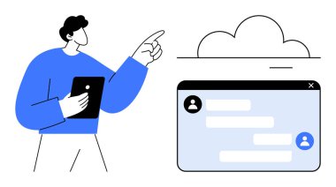 Tablet kullanan, bulut ve sohbet penceresine doğru hareket eden biri. İletişim, işbirliği, bulut depolama, uzak çalışma, teknoloji, uygulama arayüzü, basit iniş sayfası için ideal