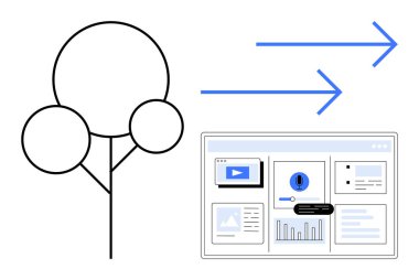 Veri görselleştirmesini temsil eden bir arayüzü gösteren oklarla bağlantılı soyut ağaç yapısı. Teknoloji, yenilik, bulut hesaplama, veri analizi, sürdürülebilirlik, büyüme için ideal