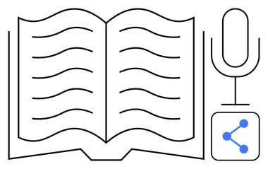 Dalgalı satırlar, metni, mikrofonu ve ağ simgesini simgeleyen açık bir kitap. Eğitim, öğrenme, podcast, iletişim, hikaye anlatma, teknoloji sade iniş sayfası için ideal