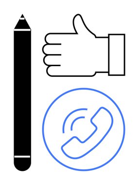 Yaratıcılık, onay ve iletişimi vurgulayan siyah kalem, başparmak işareti ve mavi telefon çağrısı sembolü. Eğitim, geri bildirim, bağlantı, markalaşma tasarım takım çalışması ve basit bir