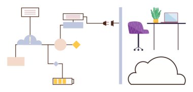Bulut depolama şemasını ofis kurulumu, kablolar, güç kaynağı ve çalışma alanına bağlayan veri akışı şeması. Veri yönetimi, bulut hesaplama, iş akışı, IoT, uzaktan çalışma yeniliği için ideal basit düz