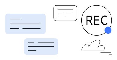 Mavi uyarı noktalı REC tuşu, diyalog baloncukları ve soyut bulut. İşbirliği araçları, iletişim, kayıt, transkripsiyon, sunumlar, içerik oluşturma için ideal basit iniş