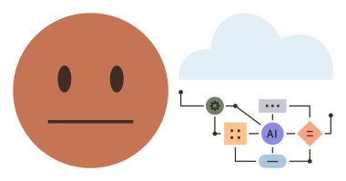 Yapay zeka algoritma akış şemasına bağlı bir bulutun yanındaki nötr ifade. Yapay zeka, teknoloji, duygu, veri analizi, makine öğrenimi, otomasyon, insan-bilgisayar etkileşimi için idealdir. Basit düz