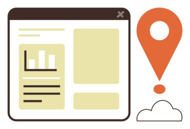 Veri panelinde bar çizelgesi, metin alanları, turuncu harita iğnesi ve bulut simgesi var. Analiz, coğrafi konum, navigasyon, veri görselleştirme, bağlantı bulut hizmetleri ve UI kavramları için ideal