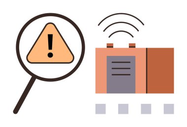 Büyüteç, akıllı binanın yanındaki üçgen uyarı işaretine odaklanarak kablosuz sinyaller yayar. Teknoloji, güvenlik, risk yönetimi, IOT, akıllı şehirler, siber güvenlik, veri izleme için ideal