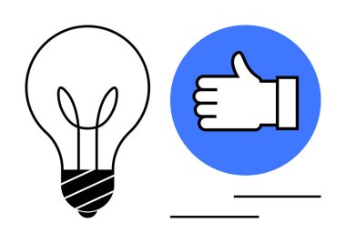Yaratıcılığı simgeleyen ampul ve mavi daireye karşı onay için baş parmak işareti. Yenilik, geri bildirim, motivasyon, takım çalışması, yaratıcı düşünme, üretkenlik ve basit iniş sayfası için ideal