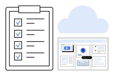 Mavi işaretli kontrol listesi, bulut simgesi ve çizelgeleri, videoları ve uyarıları gösteren çalışma alanı paneli. Üretkenlik, iş akışı, takım çalışması, organizasyon teknolojisi basitliği için ideal