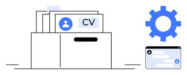 Aday profil kartları, dişli simgesi ve işe alım, insan kaynakları araçlarını, online iş uygulamalarını gösteren veritabanı dosyası içeren CV dizini. Personel alımı, işe alım, otomasyon, kariyer geliştirme süreci için ideal