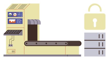 Kontrol paneli, taşıma bandı, büyük asma kilit ve sunucusu olan endüstriyel bir makine. Teknoloji, imalat, veri güvenliği, şifreleme lojistik yeniliği ve otomasyon temaları için idealdir. Basit.