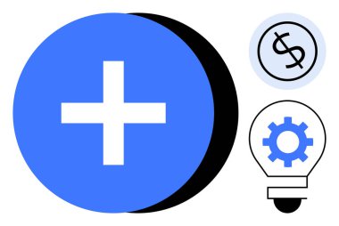 Mavi artı işareti, bir çemberde dolar sembolü, ve vites dolu ampul sergilenen fikirler, yenilik, finansal strateji, problem çözme, iş geliştirme, takım çalışması ve büyüme. Basit için ideal