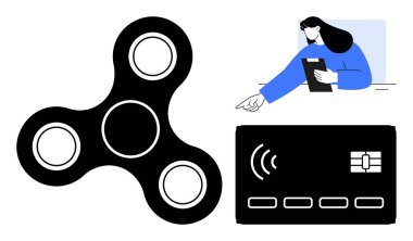 Pano ile çalışan modern bir kadın, odak noktasını vurgulayan siyah hareketli dönen, finansal işlemleri belirten NFC destekli kredi kartı. Üretkenlik, odaklanma, finans, çoklu görev için ideal