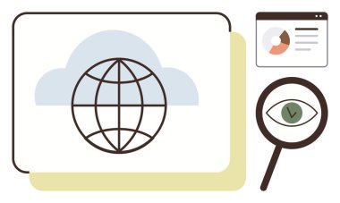 Bulut içinde bir dünya, analiz çizelgesi, gözüyle büyüteç. Bulut teknolojisi için ideal, küresel bağlantı, veri analizi, internet güvenliği, teknolojik yenilik, uzaktan çalışma basit düz metafor