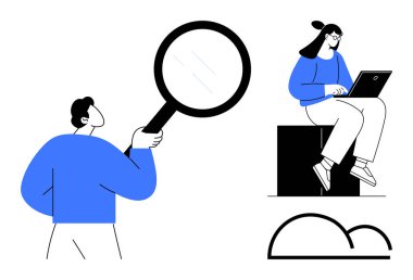 Büyüteçle inceleyen erkek ve dizüstü bilgisayarda yazan kadın araştırmayı, keşfi ve işbirliğini sembolize ediyor. Teknoloji, eğitim, takım çalışması, strateji, analiz yaratıcılığı için ideal