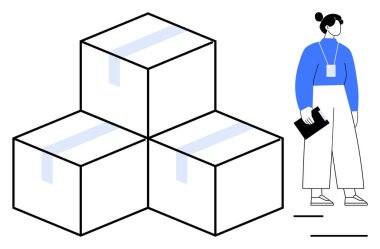 Mühürlü kutuların yanında bir kadın var. Organizasyonu, ambalajı ve sevkiyatı temsil ediyor. Lojistik, tedarik zinciri, depolama, depolama, iş akışı için ideal takım çalışması basit