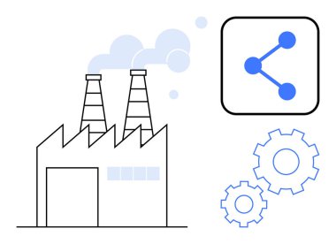 Duman yayan fabrika, makineleri sembolize eden dişliler ve bağlantıyı temsil eden ağ simgesi. Endüstri, teknoloji, üretim, yenilik, mühendislik, otomasyon ve basit bir iniş için ideal