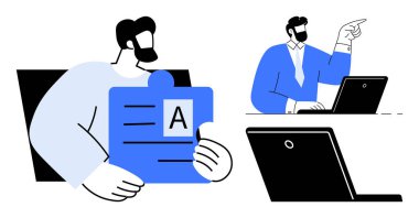 Analiz yapan, görevleri yerine getiren ve dijital işbirliği için dizüstü bilgisayarlar üzerinde çalışan erkek figürleri. Takım çalışması, ofis verimliliği, görev çizelgesi, yönetim, uzaktan çalışma, iş için ideal