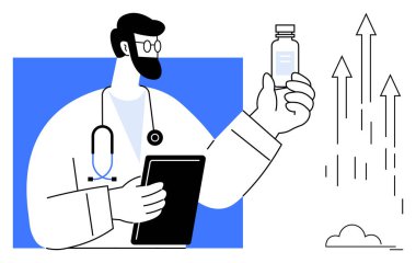 Steteskoplu ve tabletli bir erkek doktor. İlaç şişesini inceliyor. Yanında da yukarı bakan oklar var. Sağlık, yenilik, tıbbi araştırma, ilaç büyümesi, hasta bakımı ve ilerleme için ideal