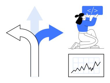 Tabletteki kadın programlama, karar vermek için üç ok genişletme, büyüme eğilimini gösteren grafikler. Teknoloji, kodlama, büyüme, analitik, iş stratejisi, karar verme mekanizması için ideal