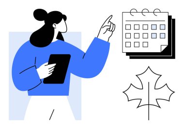 Duvar takvimine işaret ederken elinde tablet tutan bir kadın. Program, organizasyon, verimlilik, zaman yönetimi, planlama, eğitim ve yaratıcılık için ideal. Temiz, düz metafor