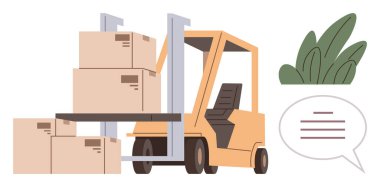 Forklift istiflenmiş kutular, yakınlarda yapraklı bitkiler ve iletişimi ima eden bir konuşma balonu taşıyor. Lojistik, dağıtım, depo yönetimi, kargo işleme, dağıtım ve takım çalışması için ideal
